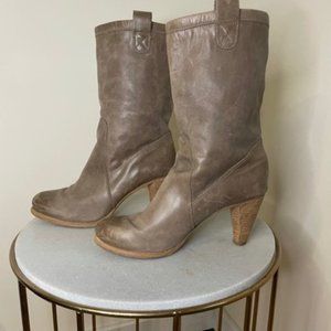 Boho Taupe Midi Genuine Handmade Leather Boots with 3" Wood Heel Women's Sz 9